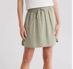 Madewell Neu mit Etikett Minirock aus Leinenmischung mit geschwungenem Saum XXS Kordelzug elastisch salbeigrün - Bild 1 von 7