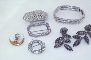 Art Deco Vintage Paste Crystal Lot Buckle Bracelet Shoe Clips Pins - Picture 1 of 10