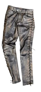 Men's Real Distressed Leather Laces Up Bikers Pants 5 Pockets Pants Bikers Pants - Picture 1 of 5