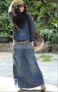 New Womens Fashion Washed Blue Overalls Jean Skirt Casual Loose Maxi Denim Skirt - Picture 1 of 11