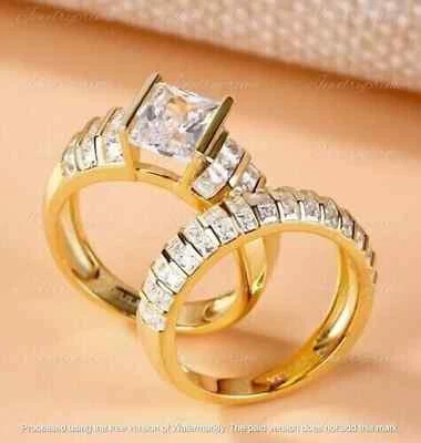 3Ct Emerald Lab Created Diamond Engagement Bridal Ring Set 14K Yellow Gold Over - Image 1 of 4