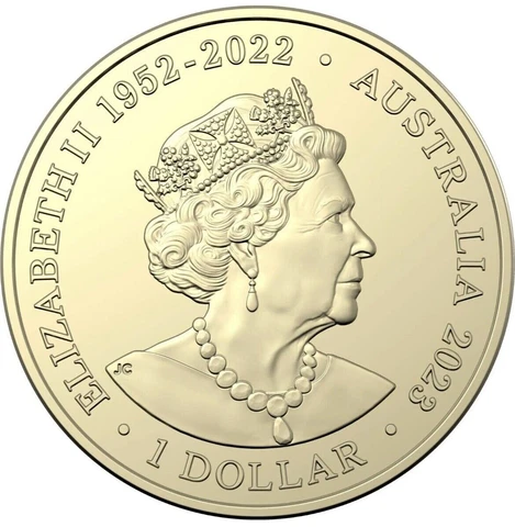 2023 Australian Uncirculated One Dollar $1 Coin shows 1952-2022 Queen Elizabeth Cover