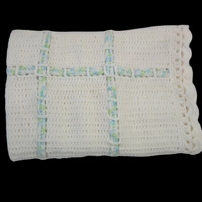 Crochet Baby Blanket white With Blue and Green Scalloped Edge - Image 1 of 4