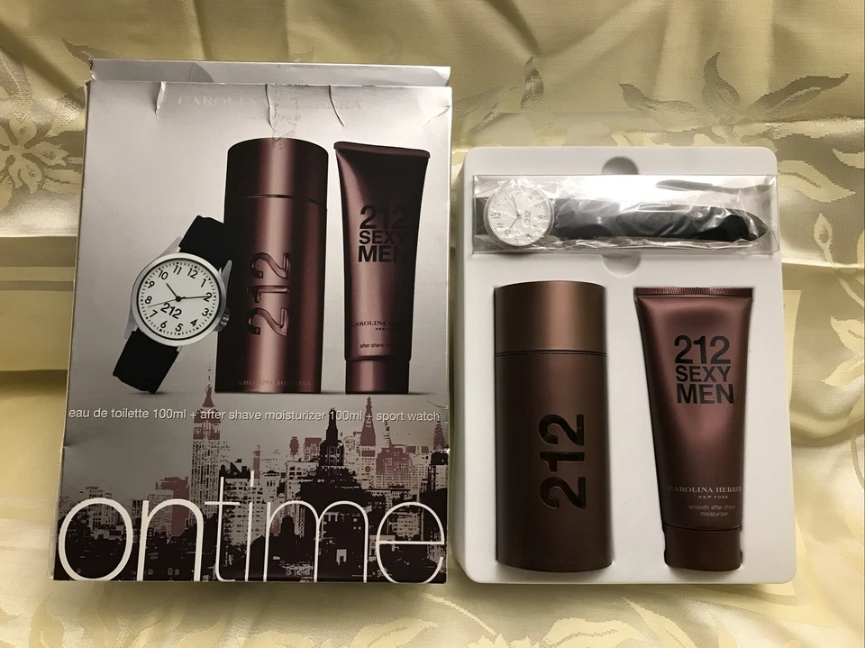 Carolina Herrera 212 性感男式 3 件 礼品套装,3.4 喷雾 + 剃须后 + 手表 — 第 1/3 张图片