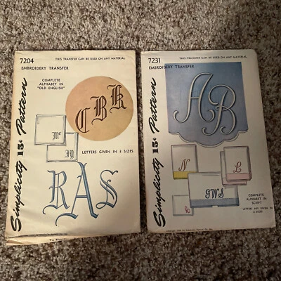 Simplicity EMBROIDERY TRANSFER Patterns 7204/7231 Alphabet Lot 2 Cut 1940s - Image 1 of 2