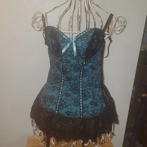Sexy Corset Xl Bustier Seven 'til Midnight Teal Green Black Lace Overlay Stretch - Picture 1 of 5
