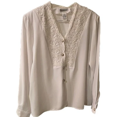 Blusa Chistie & Jill De Colección Talla 16 Marfil Encaje Borde Seda Sensación Tono Dorado Botones Almohadillas Foto 1 de 4
