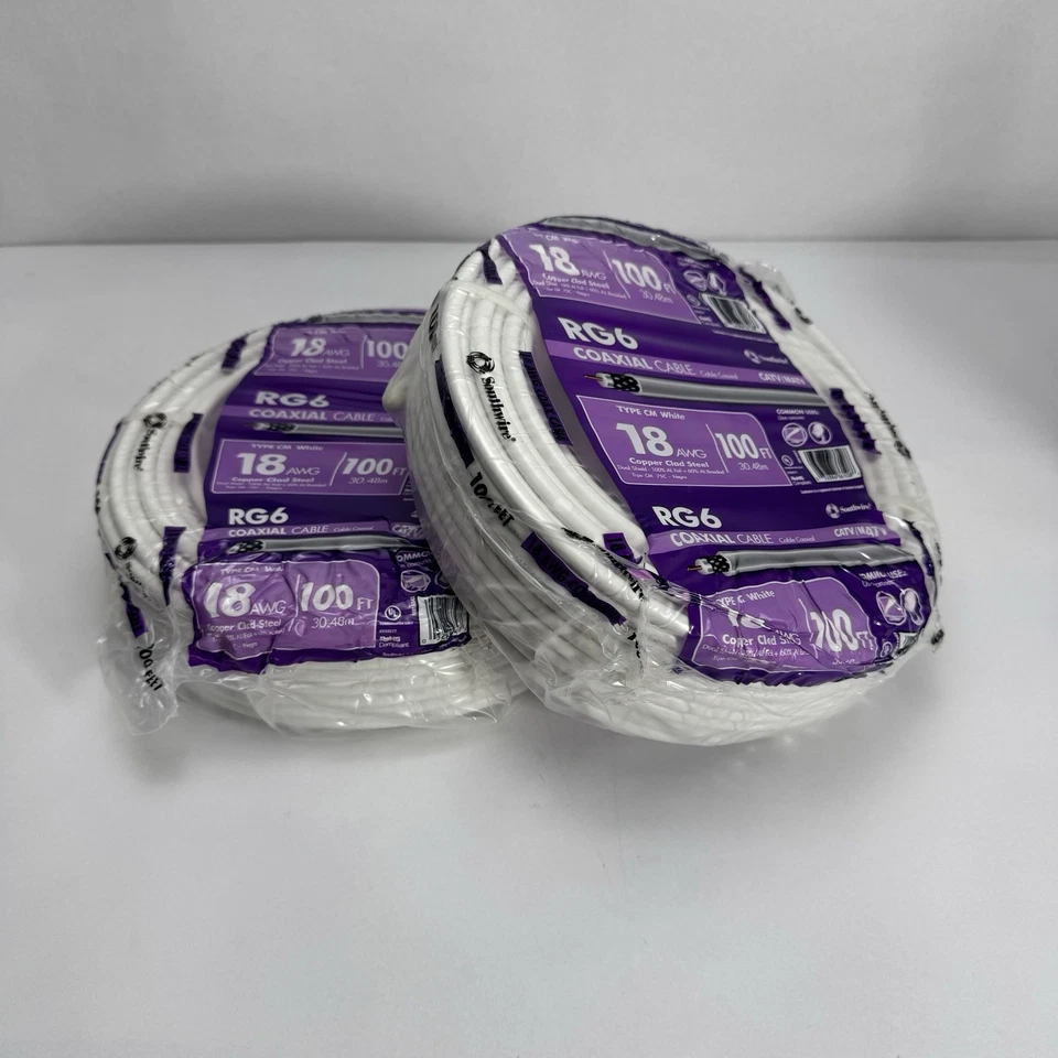 Bobina de cable coaxial Southwire RG6-Dual Shield 18 AWG blanco 100 pies - paquete de 2 - ¡Nuevo! Foto 1 de 4