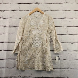 CHARTER CLUB Top Womens Medium Tunic 3/4 Sleeve Linen Geometric Tan White NWT - Picture 1 of 12