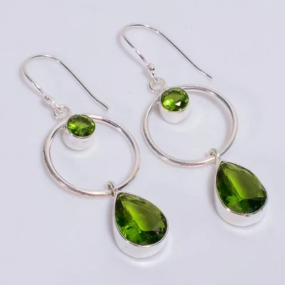 Natural Peridot Gemstone Ethnic Jewelry 925 Sterling Silver Earrings 2.2" t712 - Image 1 of 4