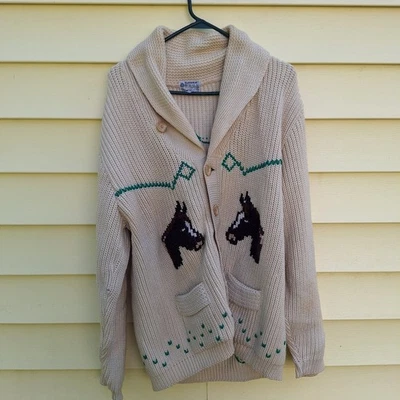 Vtg Wool Farmcore Cardigan Mens Large Knit Horse Shawl Collar Western Barn Y2K - Image 1 of 4