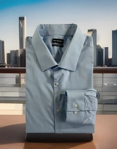 Camicia elegante uomo Van Heusen taglia 18,5 35-36 blu manica lunga alta elasticizzata - Foto 1 di 12