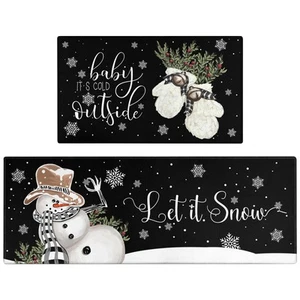 Christmas Kitchen Rugs and Mats Set of 2,Winter Snowman Let It Snow Snowflake... - Picture 1 of 7