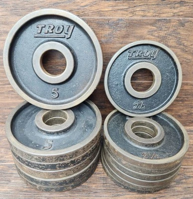 Set of 13 - Troy Olympic Weight Plates - Qty 6, 5 lbs - Qty 7, 2.5 lbs - 2" Hole - Image 1 of 4