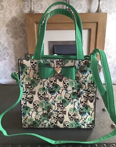 Ladies PVC Handbag, Green. Rose And Skull Design. 10 X 10”