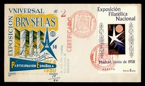 DR WHO 1958 SPAIN FDC BRUSSELS UNIVERSAL EXPO DD CACHET IMPERF S/S 3PTA m21664 - Picture 1 of 2