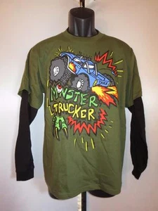 New Monster Trucker Youth size Large (L 14/16) Green Shirt w/Black Sleeves - Picture 1 of 7