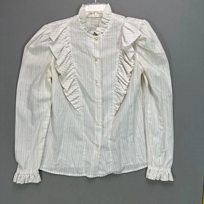 VTG 70s Womens Prairie Victorian Puff Sleeve Blouse Striped Ruffle Shirt Top - Image 1 of 4