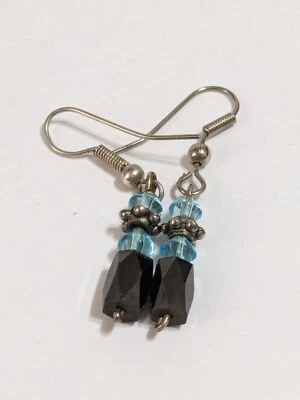 Silver Tone Hook Hematite & Acrylic Blue Faceted Beads Earrings. 1 1/2". - Image 1 of 4