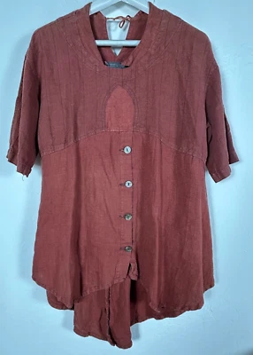 Top túnica para mujer Cynthia Ashby vintage rojo lino lazo trasero abotonado espalda larga Foto 1 de 4