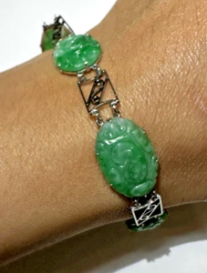 9K Oro Blanco Tallado Verde Jade Jadeíta Piedra Ovalada 9.8g Vintage Pulsera - Imagen 1 de 10