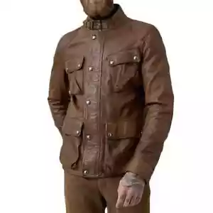Men's Genuine Leather Military Style Cowhide Skin Vintage Jacket Buttoned Coat - Picture 1 of 4