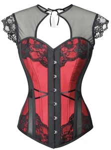 Corset Story Goth Inspired Overbust Black Red Steel Boning Mesh Lace Sleeves UK8 - Picture 1 of 17
