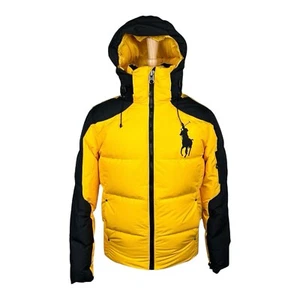 Polo Ralph Lauren Big Pony Hooded Down Puffer Jacket Coat Yellow Black Mens S - Picture 1 of 8