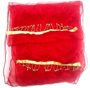 Chair Sash Red Beaded Gold Bow Table Runner Holiday Sheer  12"x106" Set 3 - Picture 1 of 6