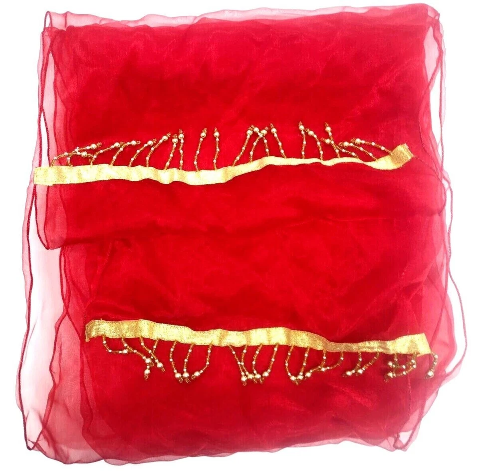 Chair Sash Red Beaded Gold Bow Table Runner Holiday Sheer  12"x106" Set 3 - Image 1 of 4