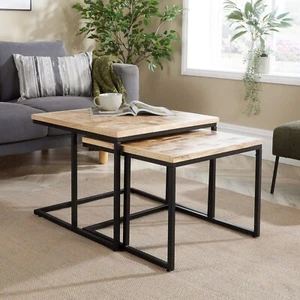 Nest of 2 Tables Solid Mango Wood Tabletop Black Metal Frame Chunky Coffee Table - Picture 1 of 10