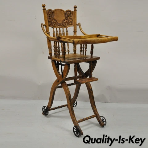 Antique Victorian Oak Wood Convertible Combination Baby High Chair Stroller Cover