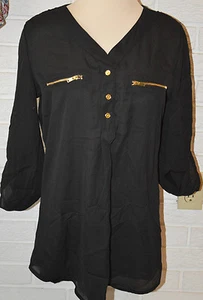 Women's Rue 21 Black 3/4 Sleeve Zipper Accents Ltwt. Blouse Top Sizes XS, S, M - Picture 1 of 3