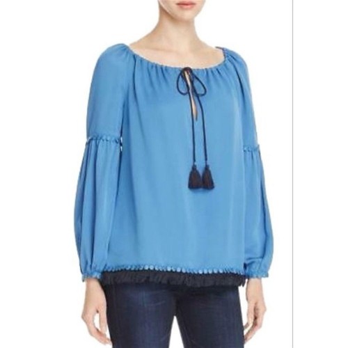 Camicetta tunica Sylvie blu seta Tory Burch bordo pizzo nappa cravatta taglia 4