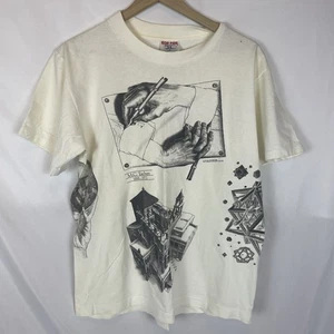Vintage M.C Escher Art T-Shirt Large White Single Stitch 1989 Double Sided 80s - Picture 1 of 13