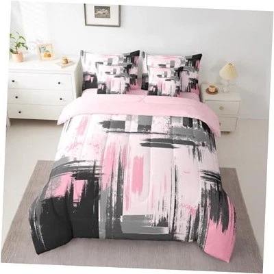  Juego de cama abstracto de 7 piezas cama de arte abstracto moderno en una cama doble rosa y gris Foto 1 de 4