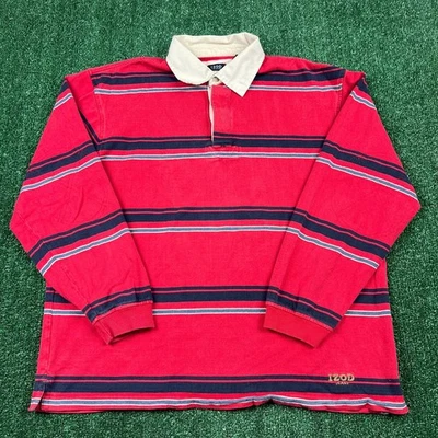 Camisa Polo de Rugby a Rayas Izod Jeans De Colección Para Hombres Grande Roja Hip Hop Preppy Y2K Foto 1 de 4
