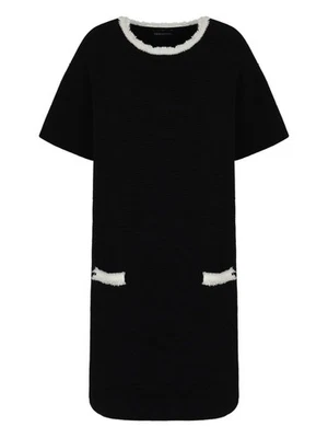 Emporio Armani Black Ribbed Texture Short Dress with Frayed Trim & Patch Pockets - Image 1 of 4