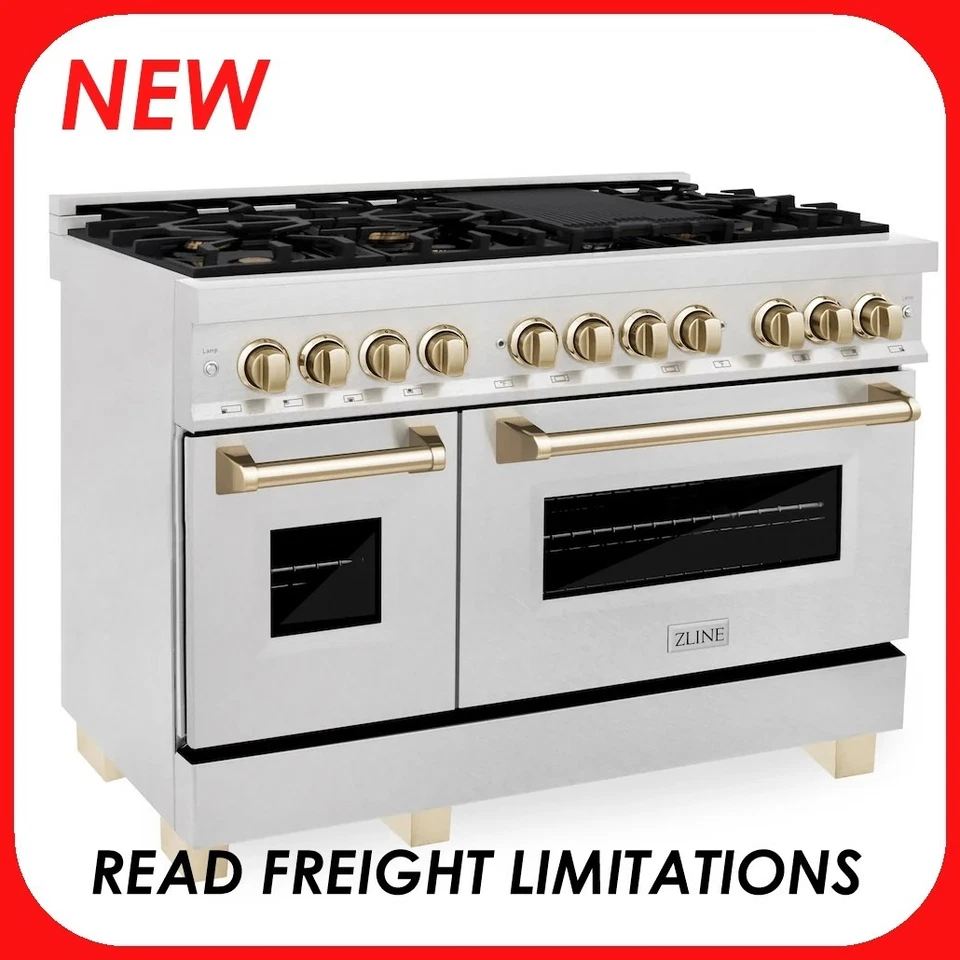 Forno elétrico ZLINE 48" fogão a gás duplo alcance combustível DURASNOW/OURO RASZ-SN-48-G - Imagem 1 de 1