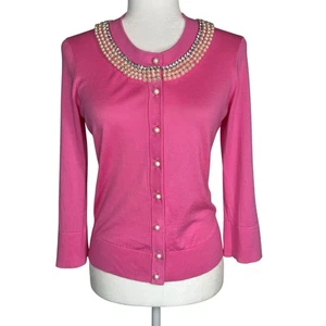 Cardigan Kate Spade Tula manica 3/4 rosa accento perla/strass piccolo - Foto 1 di 8