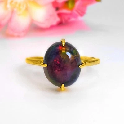 Anillo de ópalo etíope natural cabujón de ópalo negro etíope de oro macizo de 14 k A57 Foto 1 de 3