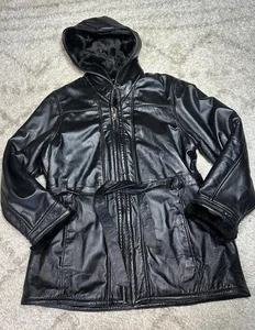 Wilsons Lederjacke Damen 2X schwarz Kapuze Gürtel Kunstfell gefüttert Reißverschluss - Bild 1 von 8