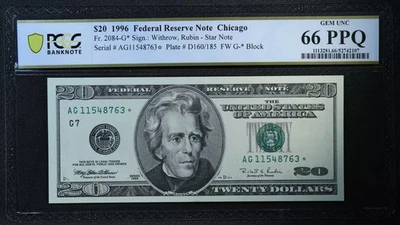 PCGS Gem UNC 66 PPQ 1996 $20 Chicago district Star Note Federal Reserve Note * - Image 1 of 2