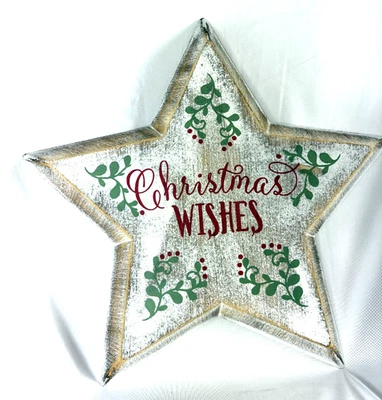 Letrero de madera de vacaciones en forma de estrella "Deseos de Navidad" decoración de pared de invierno granja Foto 1 de 4