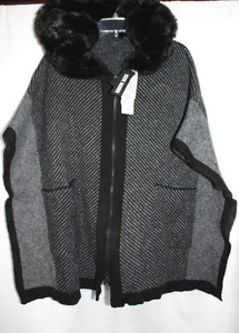 Steve Madden Poncho/Cardigan/cape with Faux fur hood Black/Gray OSFM - Picture 1 of 2