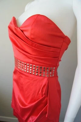 LOVE TEASE Coral Satin Studded Bodycon Padded Built in Bra Strapless Dress JR 5 - Image 1 of 4