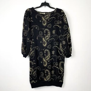 70s/80s metallic paisley sweater dress by Goody black & gold knit vintage medium - Picture 1 of 5