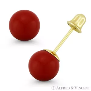 3to8mm Red Coral Ball Studs Screwback-Bell Stud Earrings in 14k 14kt Yellow Gold - Picture 1 of 1