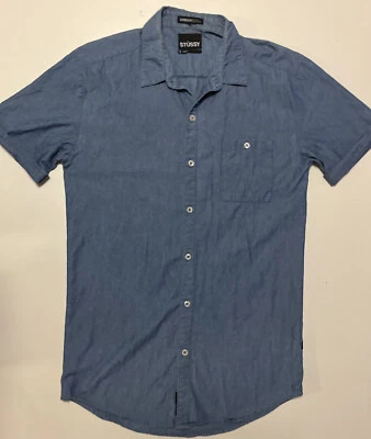 Camisa azul abotonada de algodón Stussy Nyltla manga corta talla pequeña Foto 1 de 4