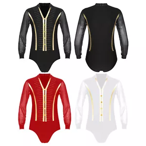 Mens Rhinestones Long Sleeve V Neck Bodysuit Ballroom Latin Samba Dance Leotard - Picture 1 of 35